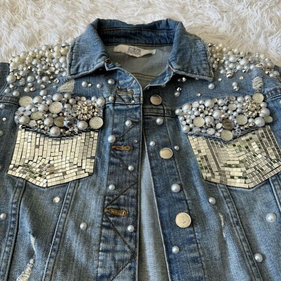 Custom Made Rhinestone and Pearl Bedazzled Disco Fringe Jean Jacket Size L - Picture 6 of 10